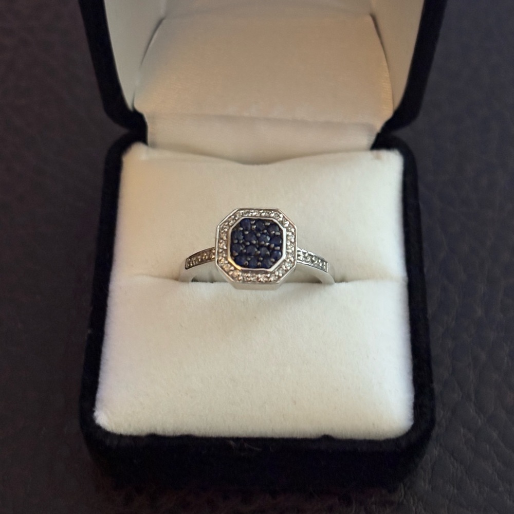 EFFY 14k white gold blue sapphire diamond ring size 9 NWOT